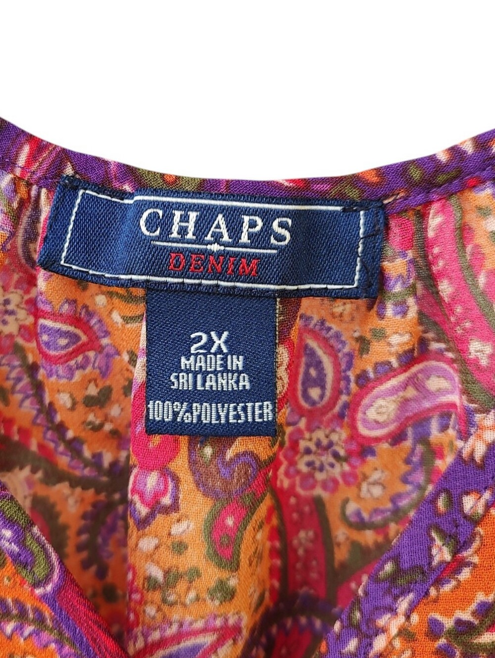 Chaps Paisley Split-Neck Peasant Blouse In Tangerine And Magenta Colors - Picture 4 of 5